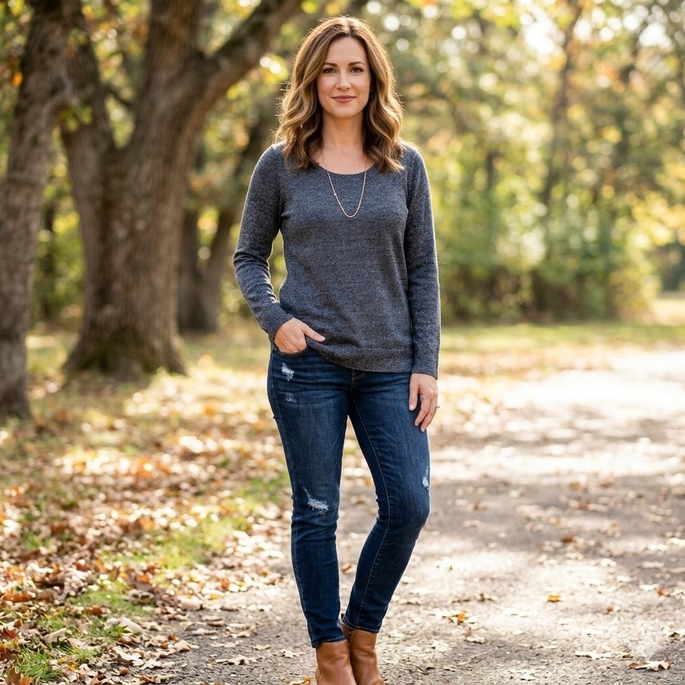 Ellen Tracy Sweater Officecore Womens 1X Grey Merino Wool Scoop Neck Long Sleeve